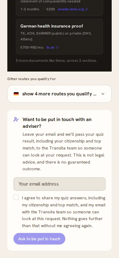 Mobile example of a German route and the adviser card